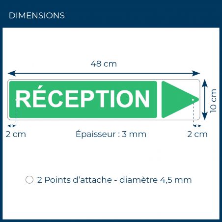 Panneau de signalisation pour camping "RECEPTION Droite" - 48 x 10 cm - Vert