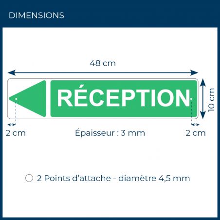 Panneau de signalisation pour camping "RECEPTION Gauche" - 48 x 10 cm - Vert