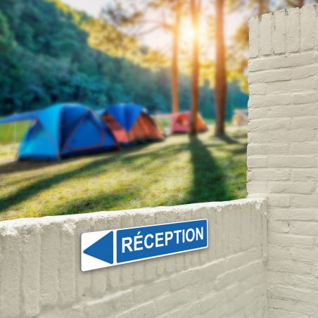 Panneau de signalisation pour camping "RECEPTION" - 48 x 10 cm - Bleu