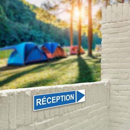 Panneau de signalisation pour camping "RECEPTION Droite" - 48 x 10 cm - Bleu