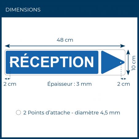 Panneau de signalisation pour camping "RECEPTION Droite" - 48 x 10 cm - Bleu