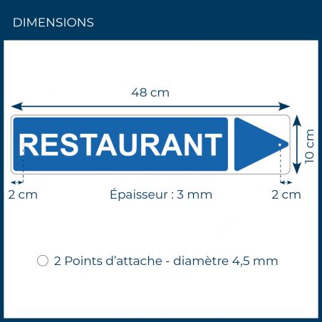 Panneau de signalisation pour camping "RESTAURANT Droite" - 48 x 10 cm - Bleu