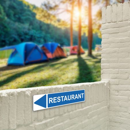 Panneau de signalisation pour camping "RESTAURANT Gauche" - 48 x 10 cm - Bleu