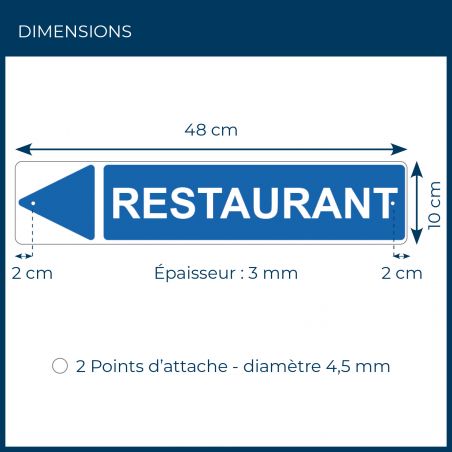 Panneau de signalisation pour camping "RESTAURANT Gauche" - 48 x 10 cm - Bleu
