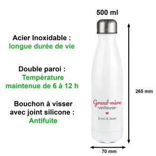Bouteille isotherme personnalisable prénom - Inox, 50 cL - Modèle Grand-Mère-Veilleuse - Idée cadeau personnalisé Mamie 