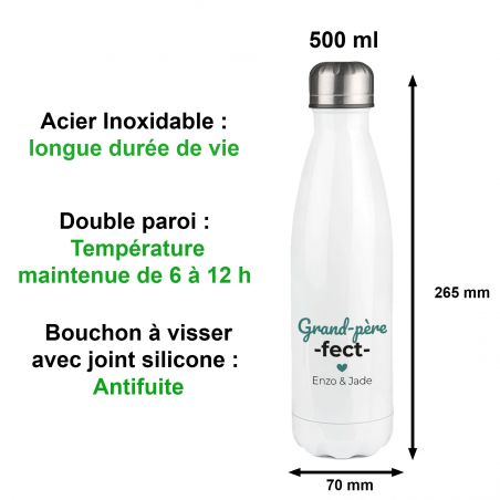 Bouteille isotherme personnalisable prénom - Inox, 50 cL - Modèle Grand-Père-Fect- Idée cadeau personnalisé Papy