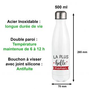 Bouteille isotherme personnalisable prénom - Inox, 50 cl - Modèle La plus Belle des Mamans - Idée cadeau personnalisé Maman