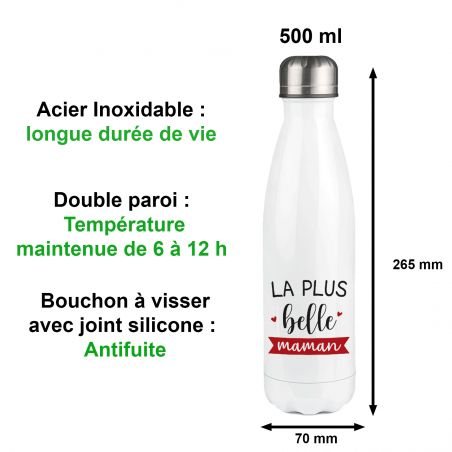 Bouteille isotherme personnalisable prénom - Inox, 50 cl - Modèle La plus Belle des Mamans - Idée cadeau personnalisé Maman