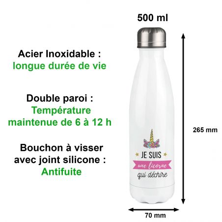 Customizable Unicorn insulated bottle with first name - Stainless steel, 50 cL - Personalized in France - Little girl gift idea