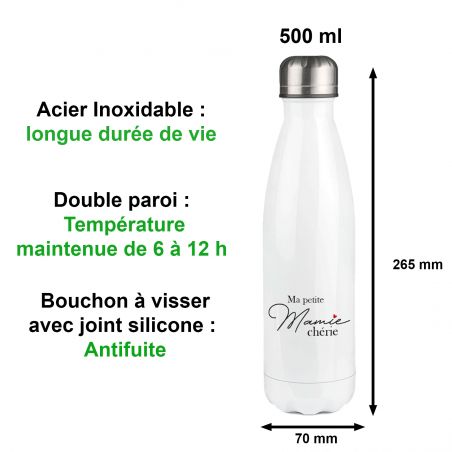 Bouteille isotherme personnalisable prénom - Inox, 50 cL - Modèle Mamie Chérie - Idée cadeau personnalisé Mamie