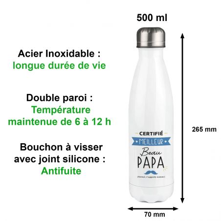 Bouteille isotherme personnalisable prénom - Inox, 50 cL - Modèle Certifié Meilleur Beau Papa - Cadeau Beau-Père