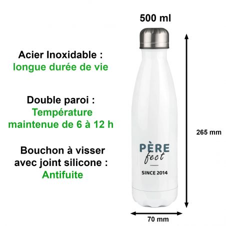 Bouteille isotherme personnalisable prénom - Inox, 50 cL - Modèle Père-Fect - Cadeau Personnalisé pour son Papa