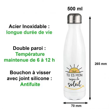 Customizable first name insulated bottle - Stainless steel, 50 cL - Rayon de Soleil model - Personalized gift for your loved one