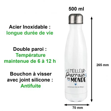 Bouteille isotherme personnalisable prénom - Inox, 50 cL - Modèle Meilleur Parrain du monde - Cadeau Noël pour son Parrain