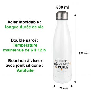 Bouteille isotherme personnalisable prénom - Inox, 50 cL - Modèle Meilleure Marraine du monde - Cadeau Noël pour sa Marraine