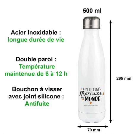 Bouteille isotherme personnalisable prénom - Inox, 50 cL - Modèle Meilleure Marraine du monde - Cadeau Noël pour sa Marraine