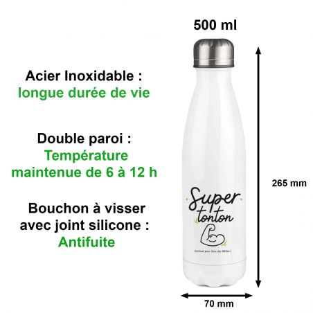 Customizable first name insulated bottle - Stainless steel, 50 cL - Super Tonton model - Personalized gift for his uncle