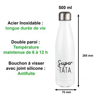 Customizable first name insulated bottle - Stainless steel, 50 cL - Super Tata model - Personalized gift for your aunt