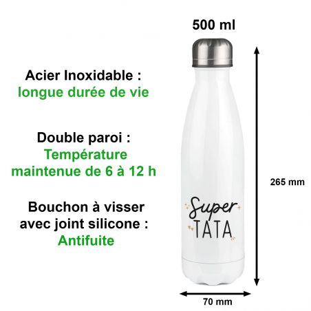 Customizable first name insulated bottle - Stainless steel, 50 cL - Super Tata model - Personalized gift for your aunt