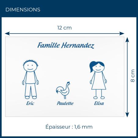 Plaque de maison Family personnalisée avec 3 membres pour boite aux lettres - Format 12x8 cm - Couleur blanche / bleue