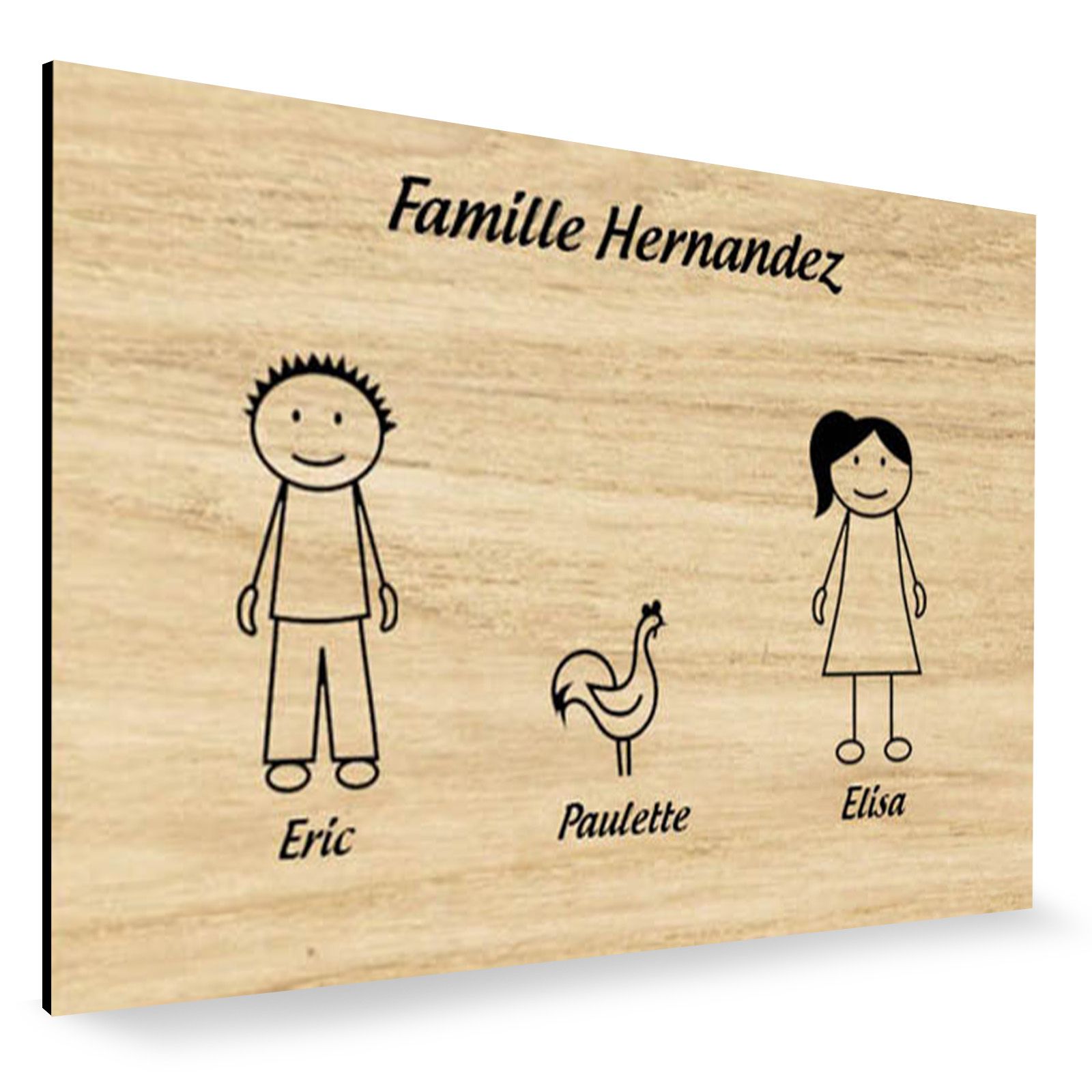 Plaque de maison Family personnalisée avec 3 membres pour boite aux lettres - Format 12x8 cm - Effet bois clair