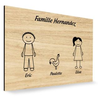 Plaque de maison Family personnalisée avec 3 membres pour boite aux lettres - Format 12x8 cm - Effet bois clair