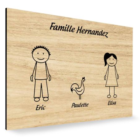 Plaque de maison Family personnalisée avec 3 membres pour boite aux lettres - Format 12x8 cm - Effet bois clair