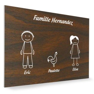 Plaque de maison Family personnalisée avec 3 membres pour boite aux lettres - Format 12x8 cm - Effet bois foncé