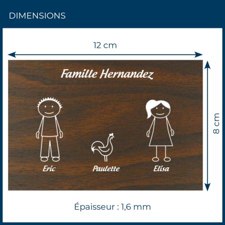 Plaque de maison Family personnalisée avec 3 membres pour boite aux lettres - Format 12x8 cm - Effet bois foncé