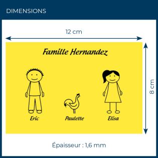 Plaque de maison Family personnalisée avec 3 membres pour boite aux lettres - Format 12x8 cm - Couleur jaune / noire