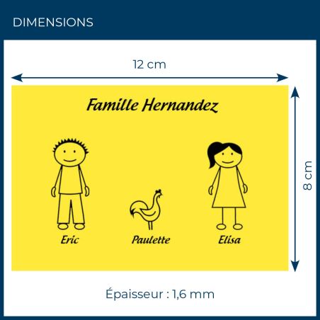 Plaque de maison Family personnalisée avec 3 membres pour boite aux lettres - Format 12x8 cm - Couleur jaune / noire