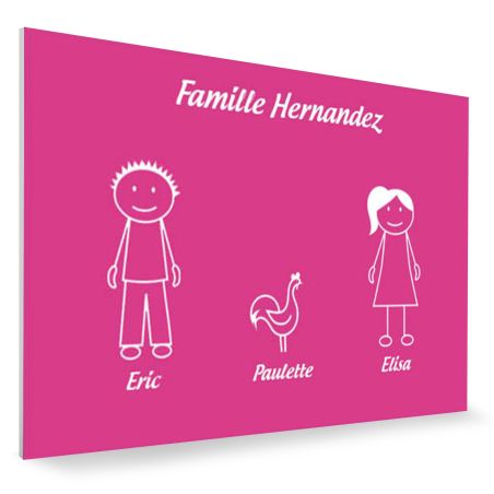 Plaque de maison Family personnalisée avec 3 membres pour boite aux lettres - Format 12x8 cm - Couleur Rose / blanc