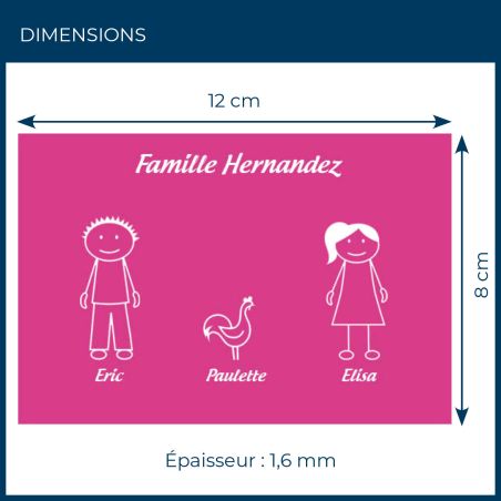 Plaque de maison Family personnalisée avec 3 membres pour boite aux lettres - Format 12x8 cm - Couleur Rose / blanc
