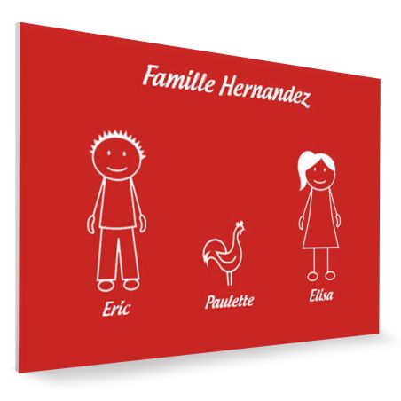 Plaque de maison Family personnalisée avec 3 membres pour boite aux lettres - Format 12x8 cm - Couleur rouge / blanc