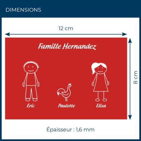 Plaque de maison Family personnalisée avec 3 membres pour boite aux lettres - Format 12x8 cm - Couleur rouge / blanc