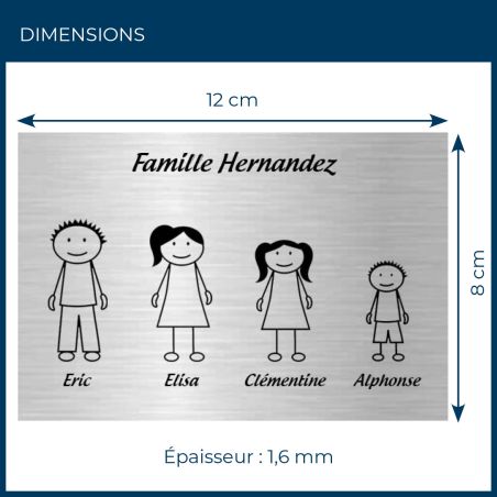 Plaque de maison Family personnalisée avec 4 membres pour boite aux lettres - Format 12x8 cm - Couleur argent
