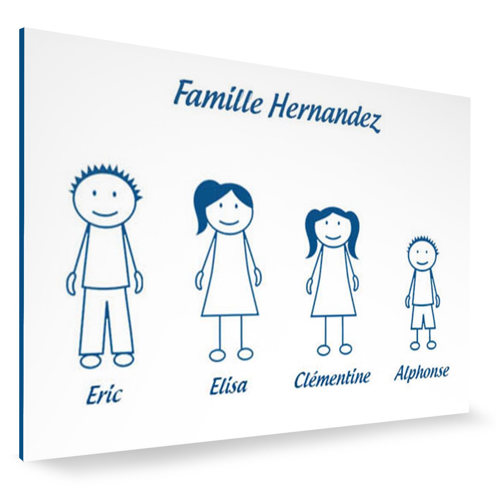 Plaque de maison Family personnalisée avec 4 membres pour boite aux lettres - Format 12x8 cm - Couleur blanche / bleue
