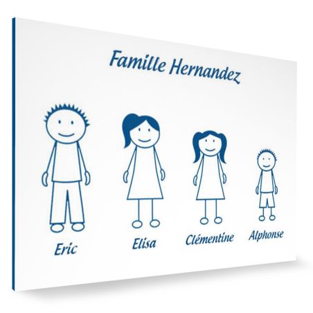 Plaque de maison Family personnalisée avec 4 membres pour boite aux lettres - Format 12x8 cm - Couleur blanche / bleue