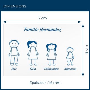Plaque de maison Family personnalisée avec 4 membres pour boite aux lettres - Format 12x8 cm - Couleur blanche / bleue