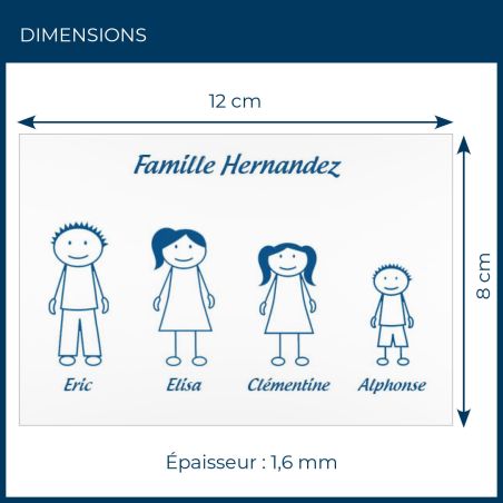 Plaque de maison Family personnalisée avec 4 membres pour boite aux lettres - Format 12x8 cm - Couleur blanche / bleue