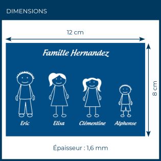 Plaque de maison Family personnalisée avec 4 membres pour boite aux lettres - Format 12x8 cm - Couleur bleue