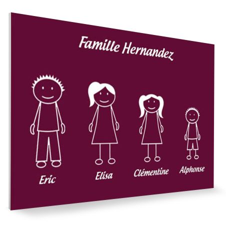 Plaque de maison Family personnalisée avec 4 membres pour boite aux lettres - Format 12x8 cm - Couleur bordeaux
