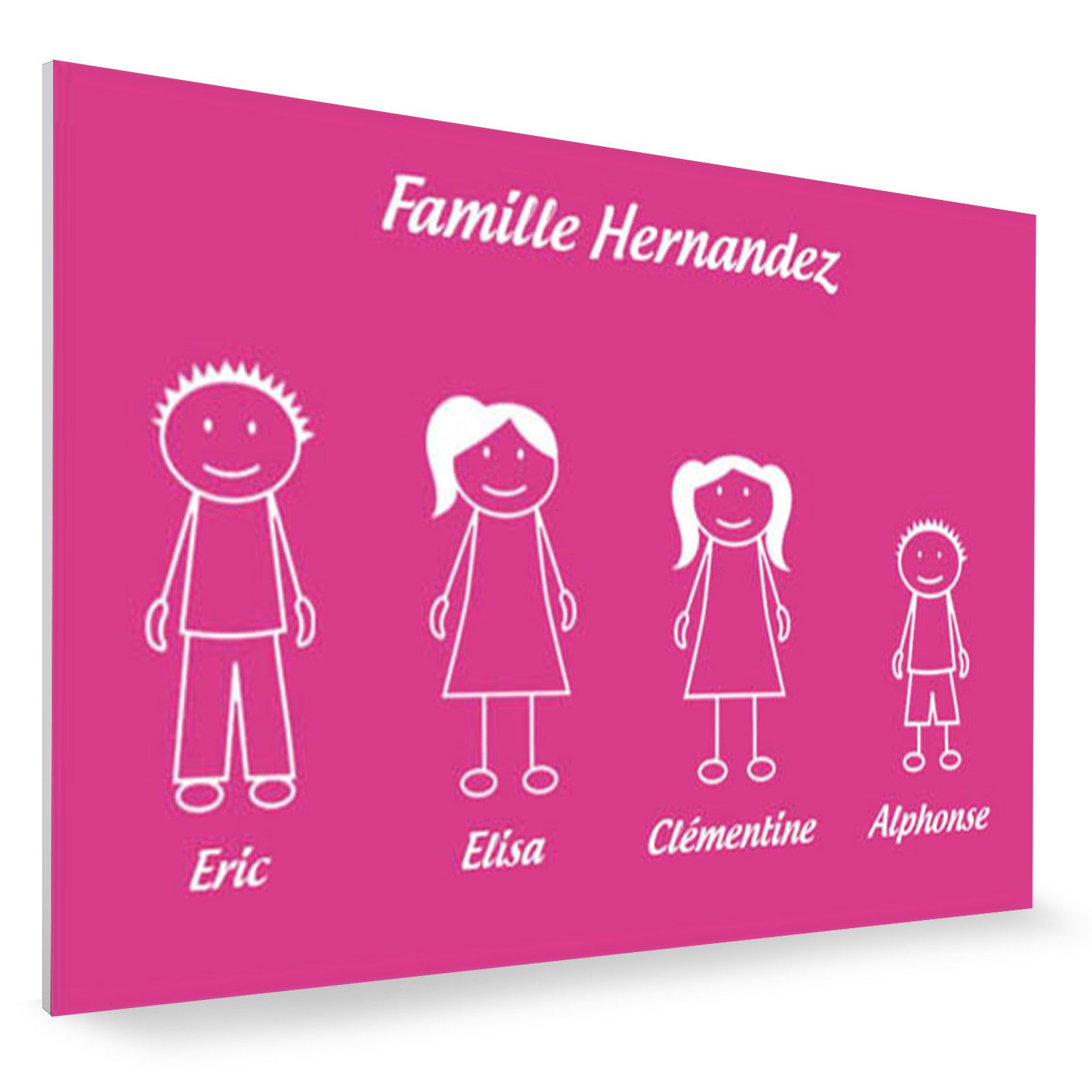 Plaque de maison Family personnalisée avec 4 membres pour boite aux lettres - Format 12x8 cm - Couleur Rose / blanc