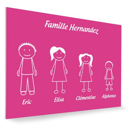Plaque de maison Family personnalisée avec 4 membres pour boite aux lettres - Format 12x8 cm - Couleur Rose / blanc