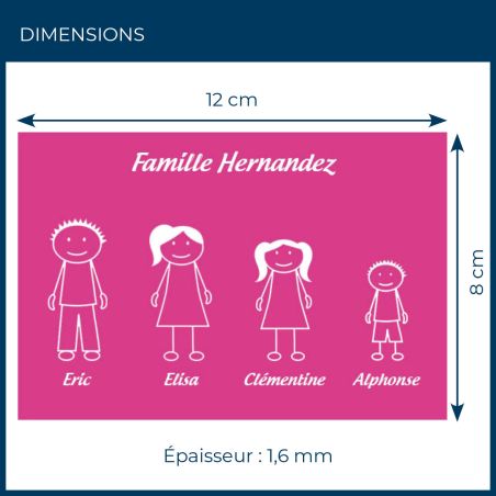 Plaque de maison Family personnalisée avec 4 membres pour boite aux lettres - Format 12x8 cm - Couleur Rose / blanc