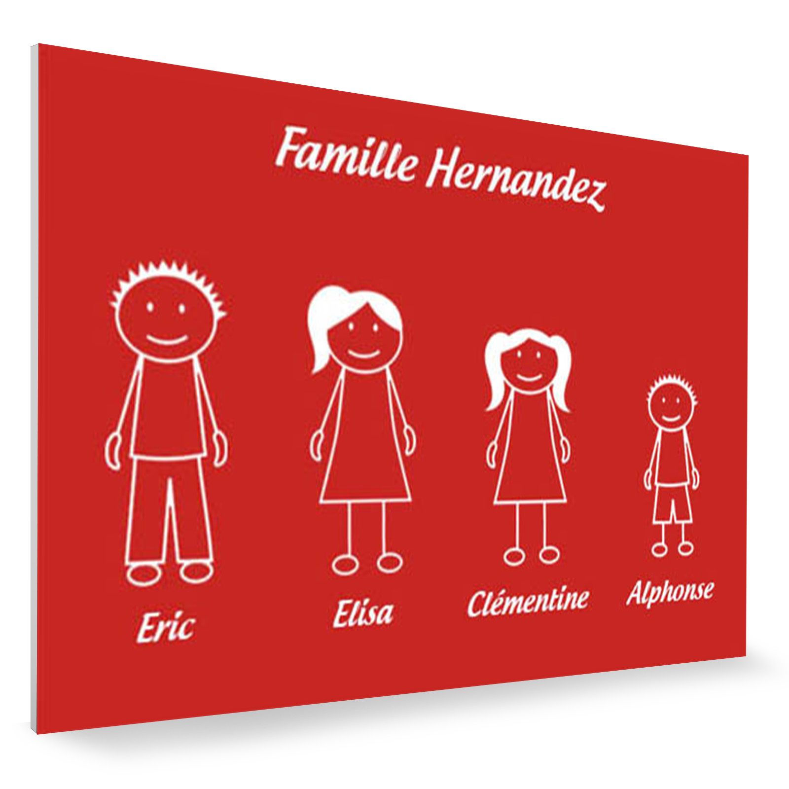 Plaque de maison Family personnalisée avec 4 membres pour boite aux lettres - Format 12x8 cm - Couleur rouge / blanc