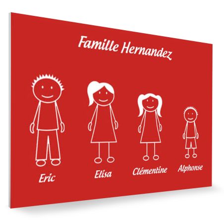 Plaque de maison Family personnalisée avec 4 membres pour boite aux lettres - Format 12x8 cm - Couleur rouge / blanc