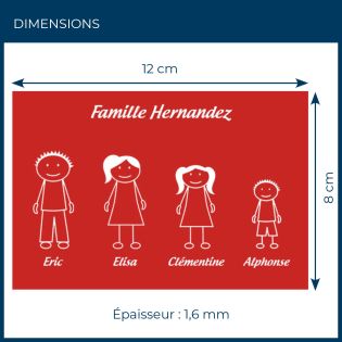 Plaque de maison Family personnalisée avec 4 membres pour boite aux lettres - Format 12x8 cm - Couleur rouge / blanc