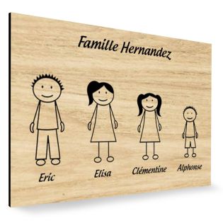 Plaque de maison Family personnalisée avec 4 membres pour boite aux lettres - Format 12x8 cm - Effet bois clair