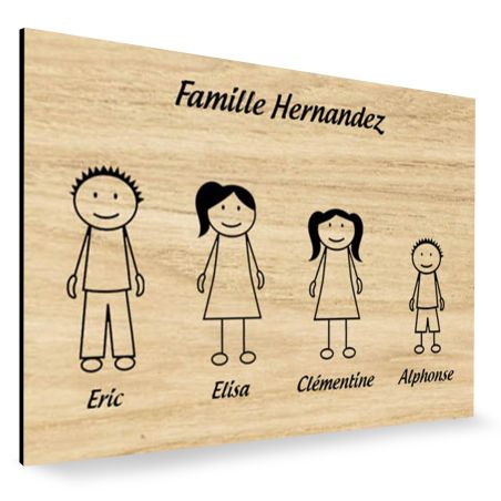 Plaque de maison Family personnalisée avec 4 membres pour boite aux lettres - Format 12x8 cm - Effet bois clair